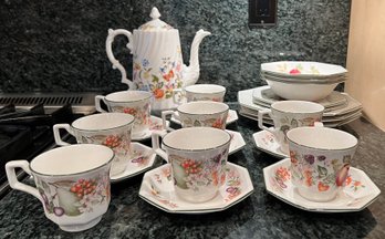 Aynsley Fine Bone China Cottage Garden Tea Pot & Johnson Brothers Fresh Fruit China Plates & Tea Cups - 24 Pcs