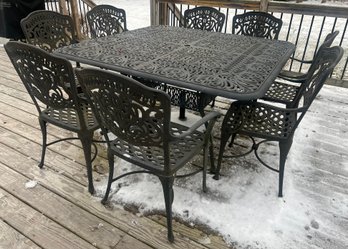Cast Aluminum Patio Table With 8 Chairs & Umbrella
