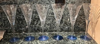 Crystal Blue Stemmed Glasses 6 Piece Lot