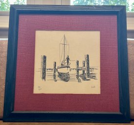 Bill Signed Framed Harbor Boat Pencil Sketch Signed Boats 40/250