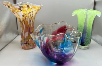Laura Curry Handkerchief Art Glass Bowl, Teleflora Blown Glass Flared Top Vase, Hand Blown Ruffle Vase