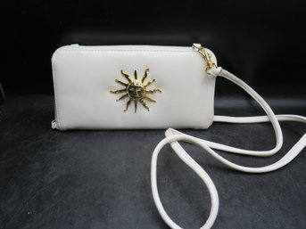 White Faux Leather Wallet/Handbag With Gold-tone Sun