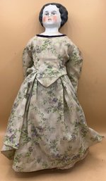 Antique China Doll German Porcelain, Cloth Stuffed Body With Purple Floral Dress
