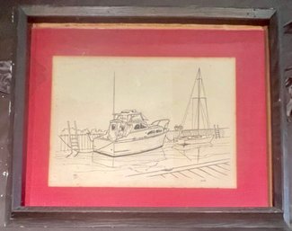 Bill Signed Framed Harbor Boat Pencil Sketch Signed Boats 37/250