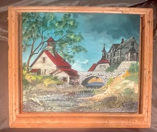 Valley Village With Bridge Framed Painting, Unsigned