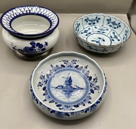 Delft Blue Windmill Dish, Pewter Cobalt Blue Floral Pottery Bowl And Japanese Ceramic Bowl, 3 Piece Lot