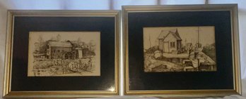 CM Goff Framed Pencil Sketch Litho Print Fishing Wharf & Grist Mill Of Sudbury Set Of 2