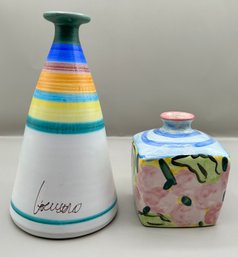 Signed Hand Painted Ceramic Flower Vase And Signed Hand Painted Pottery Bud Vase, 2 Piece Lot