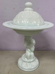 Imperial Milk Glass Cherub Figural Compote Dish With Lid