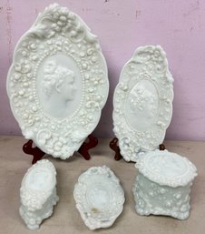 Fostoria Jenny Lind Victorian Figural Embossed Cameo Pattern Milk Glass Vanity Set - 5 Pieces