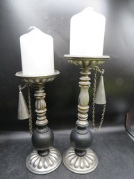 Metal & Wood Candleholders With Candles - Set Of 2