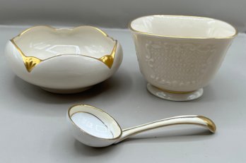 Nippon Gold Trim Ladle, Braclet By Pickard Tulip Bowl And Lenox Canterbury Footed Bowl, 3 Piece Lot
