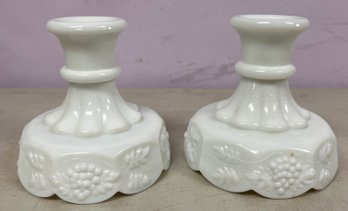 Westmoreland Milk Glass Paneled Grape Pattern Candlestick Holders - 2 Pieces