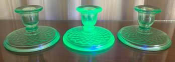 Uranium Green Glass Candlestick Holders - 3 Pieces