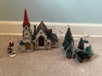 Lemax 1994 Church With Figurine & Trees