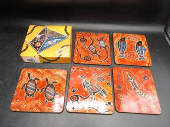 Yiybi 'brown Aboriginal' Square Coasters - Set Of 5 - In Original Box/Australia