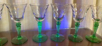 Uranium Green Depression Glass Goblets - 7 Pieces