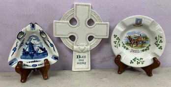 Delft Blue Triangle Ashtray, Russ Berrie Celtic Cross & Arklow Irish Souvenir Ware Ashtray - 3 Pieces