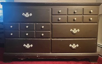 Solid Wood Refinished 6 Drawer Dresser With 4  Brass Drop Bail Drawer Pulls