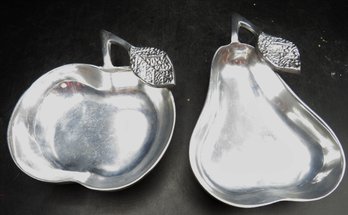 Pier 1 Imports Apple & Pear Snack Dishes, Aluminum Silver Finish Bowls - Lot Of 2/Made In India
