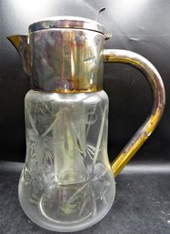 Vintage Etched Glass Silver Plated Pitcher With Glass Ice Cube Insert