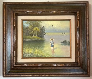 C Manuel Signed Landscape Oil Painting Of Boy Fishing