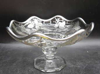 Vintage Glass Pedestal Bowl With Silver Tone Trim/flowers