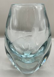 Strombergshyttan Swedish Etched Blue Art Glass Vase