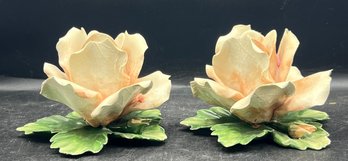 Pink Rose Flower Porcelain Candle Holder, Made In Italy - 2 Piece Lot