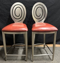 Ethan Allen Radius Brushed Nickel Leather Counter Stools, Lot Of 2