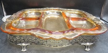 Vintage Etched Amber Sectioned Glass Serving Dish With Metal Handled Holder