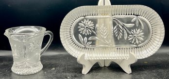 Lead Crystal Etched Creamer And Butter Tray