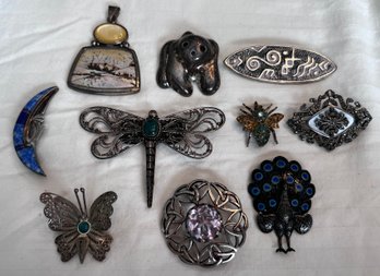 Sterling Silver Brooch Lot 0.922 Total Ozt- 10 Pieces