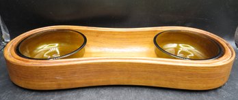 Dansk Designs, Denmark 2 Amber Glass Bowls In Wood Serving Platter