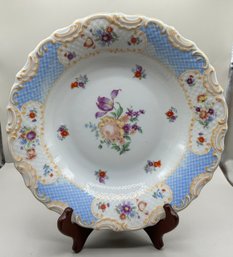 Schumann Bavaria US Zone Floral Blue Lattice Porcelain Scalloped Edge Gold Trim Bowl
