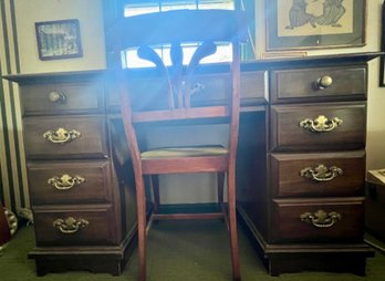 Oak 5 Drawer, Double Pedestal Desk With Wooden Desk Chair