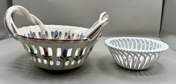 Hand Painted Braided Handle Basket And Herend Printemps Porcelain Open Weave Basket, 2 Piece Lot