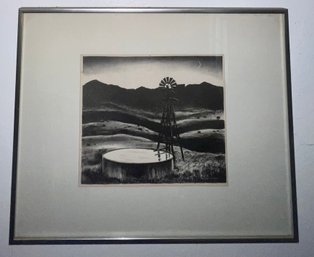 Peter Hurd 'Windmill Well At Night' Lithograph Framed Artist Signed