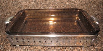 Pyrex Amber Glass Baking Dish With Metal Handled Holder