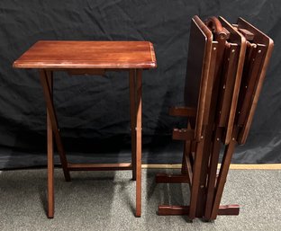Set Of 4 Wood Folding TV Trays With Storage Rack, 5 Piece Lot