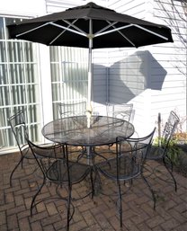 Round Metal Table With 6 Chairs & Umbrella