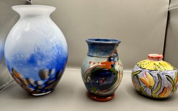 Blue, White And Orange Art Glass Vase, Adams Ceramic Hand Painted Bud Vase And Hand Painted Art Vase