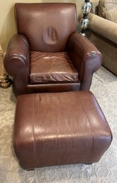 Pottery Barn Brown Leather Chair With Ottoman