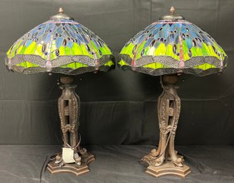 Pair Of Tiffany Style Copper Bottom Lamps, 3 Bulb