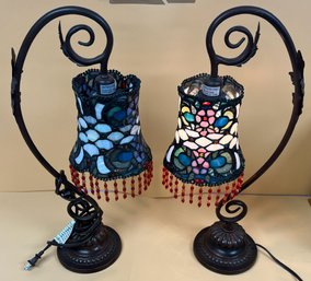 Beaded Tiffany Style Stained Glass Gooseneck Lamps, Lot Of 2