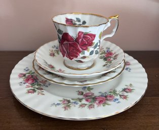 Staffordshire England Fine Bone China 'the June Flower Rose' Tea Cup, Saucer, & Bread Plate