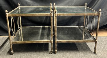 Art Deco Mirrored And Glass End Tables On Casters, Lot Of 2