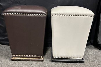 Pair Of Brown And White Leather Ottomans