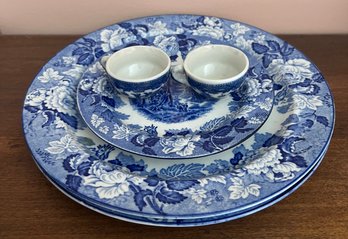 Wood & Sons England Woodware Blue & White China Dinner Plates, Bread Plates & Demitasse Cups-5 Pieces