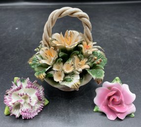Capodimonte Flower Basket And Flowers, 3 Piece Lot